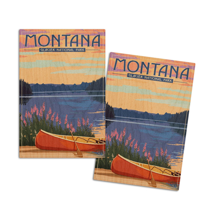 Glacier National Park, Montana, Canoe & Lake, Lantern Press Artwork, Wood Signs and Postcards Wood Lantern Press 4x6 Wood Postcard Set 