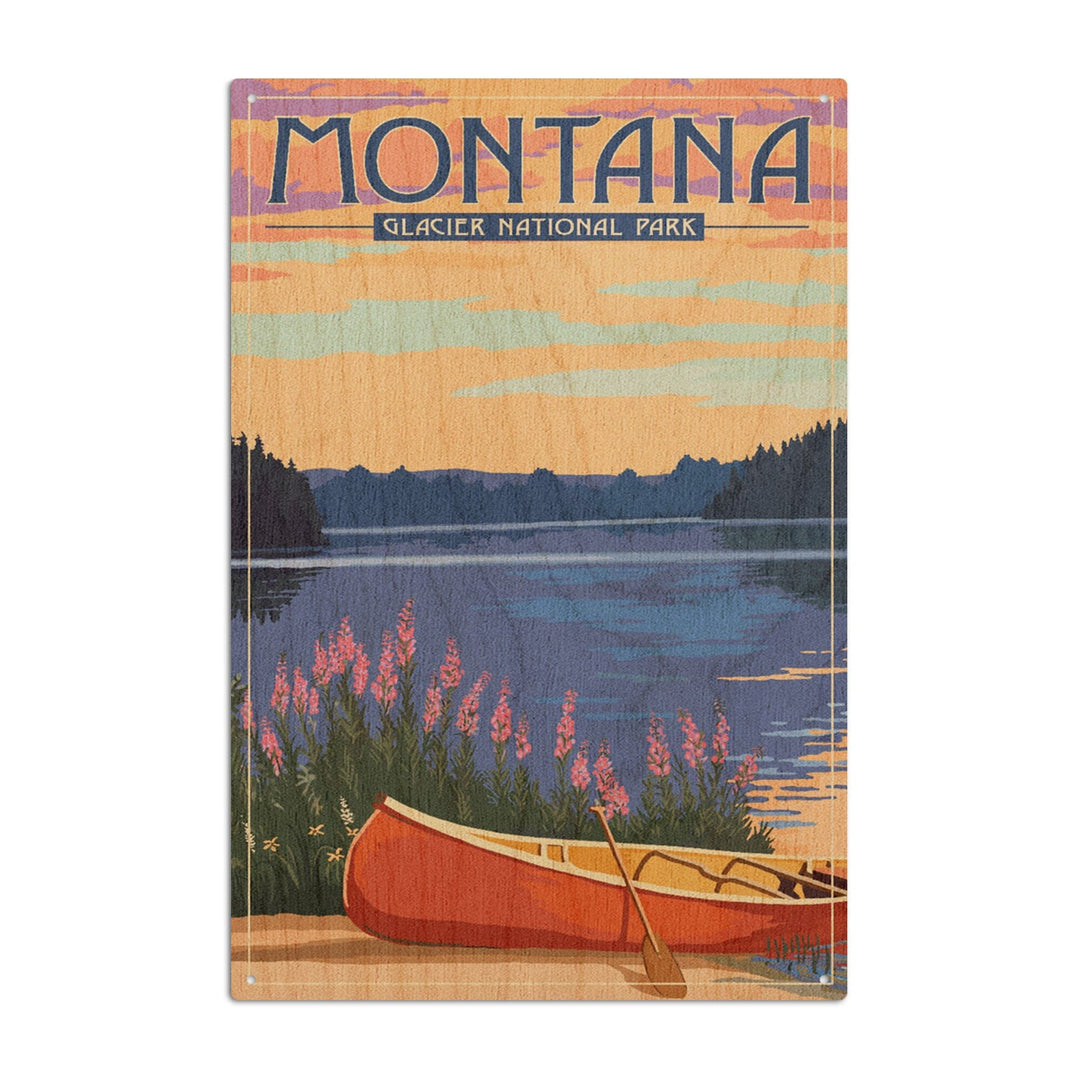 Glacier National Park, Montana, Canoe & Lake, Lantern Press Artwork, Wood Signs and Postcards Wood Lantern Press 6x9 Wood Sign 
