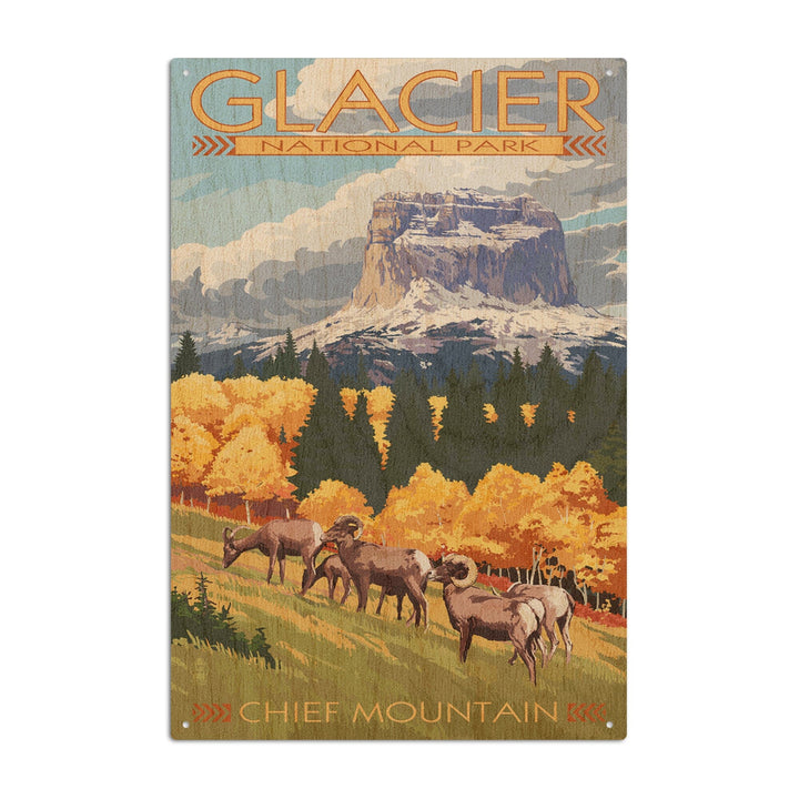 Glacier National Park, Montana, Chief Mountain & Big Horn Sheep, Lantern Press Artwork, Wood Signs and Postcards Wood Lantern Press 10 x 15 Wood Sign 
