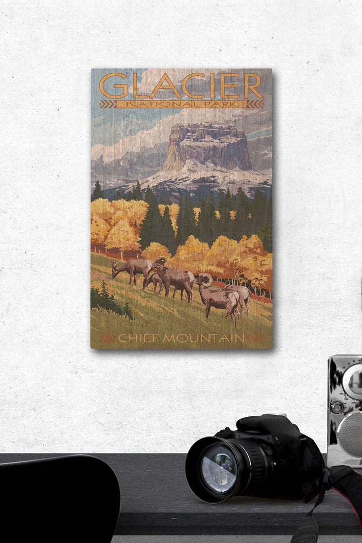 Glacier National Park, Montana, Chief Mountain & Big Horn Sheep, Lantern Press Artwork, Wood Signs and Postcards Wood Lantern Press 12 x 18 Wood Gallery Print 