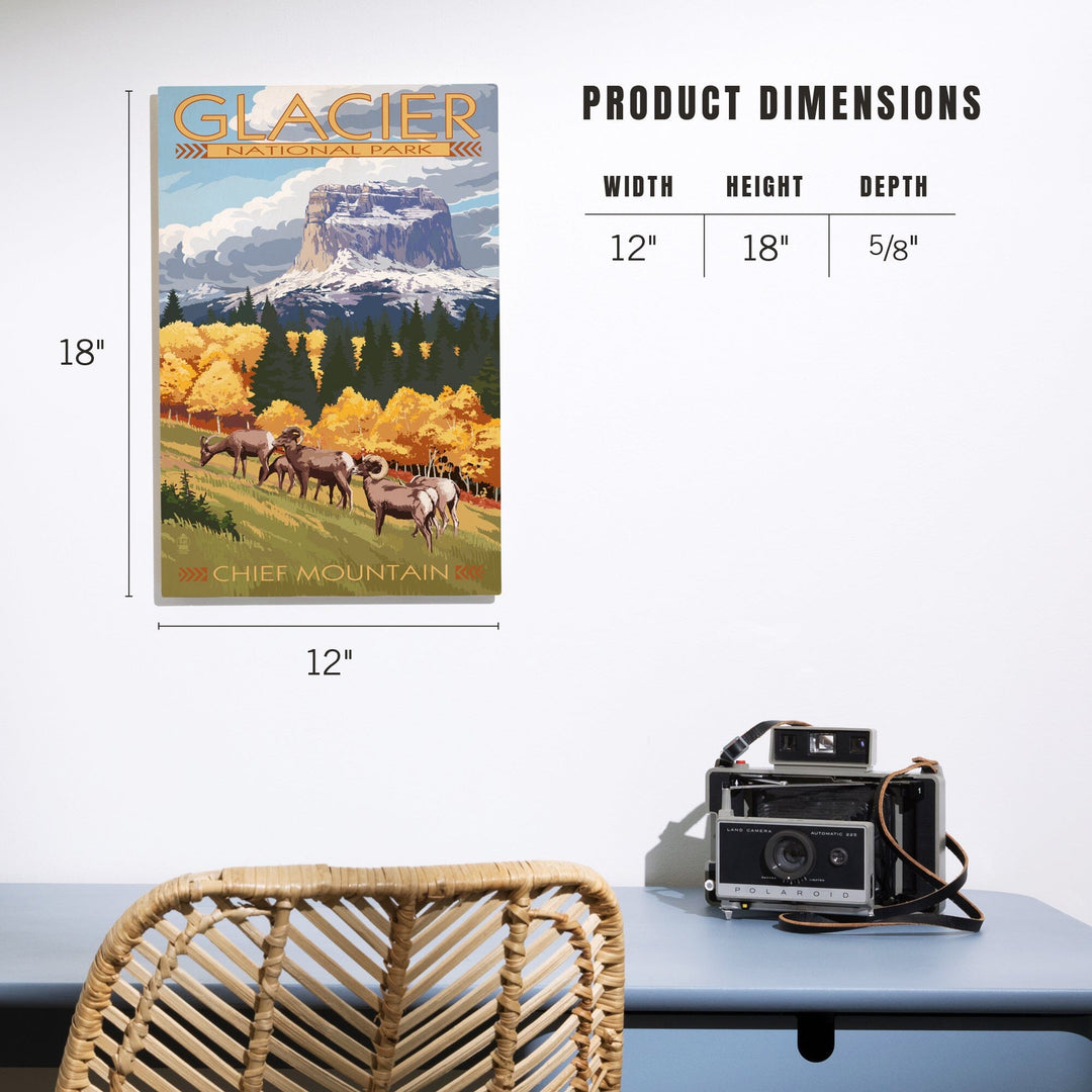 Glacier National Park, Montana, Chief Mountain & Big Horn Sheep, Lantern Press Artwork, Wood Signs and Postcards Wood Lantern Press 