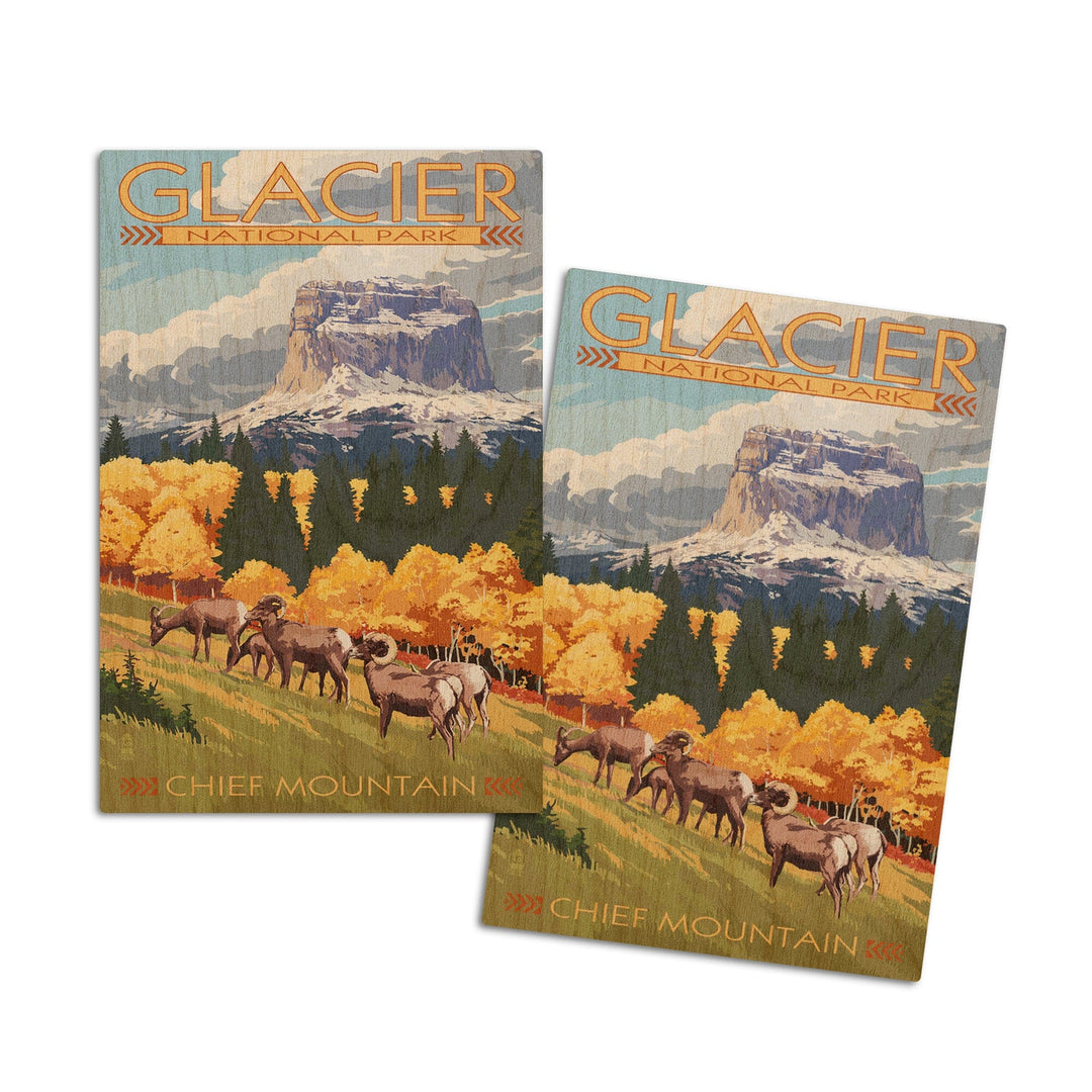 Glacier National Park, Montana, Chief Mountain & Big Horn Sheep, Lantern Press Artwork, Wood Signs and Postcards Wood Lantern Press 4x6 Wood Postcard Set 