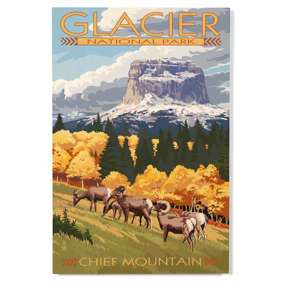 Glacier National Park, Montana, Chief Mountain & Big Horn Sheep, Lantern Press Artwork, Wood Signs and Postcards - Lantern Press