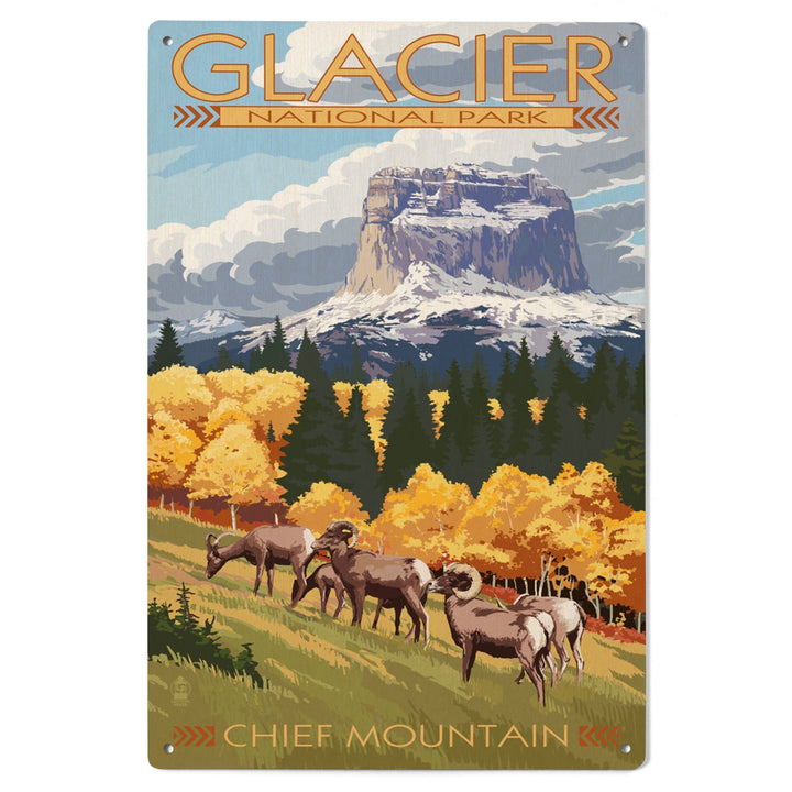 Glacier National Park, Montana, Chief Mountain & Big Horn Sheep, Lantern Press Artwork, Wood Signs and Postcards Wood Lantern Press 