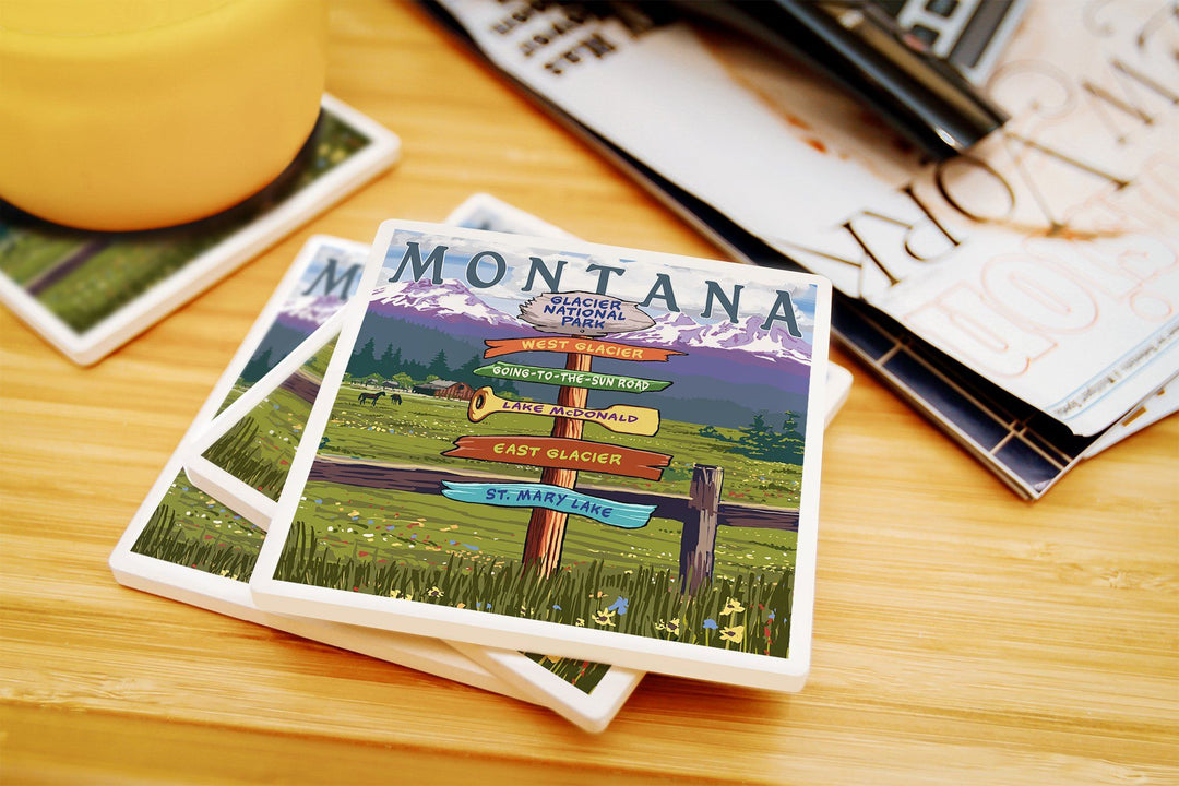 Glacier National Park, Montana, Destination Signpost, Lantern Press Artwork, Coaster Set Coasters Lantern Press 