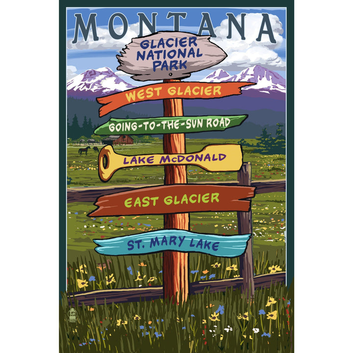 Glacier National Park, Montana, Destination Signpost, Lantern Press Artwork, Stretched Canvas Canvas Lantern Press 