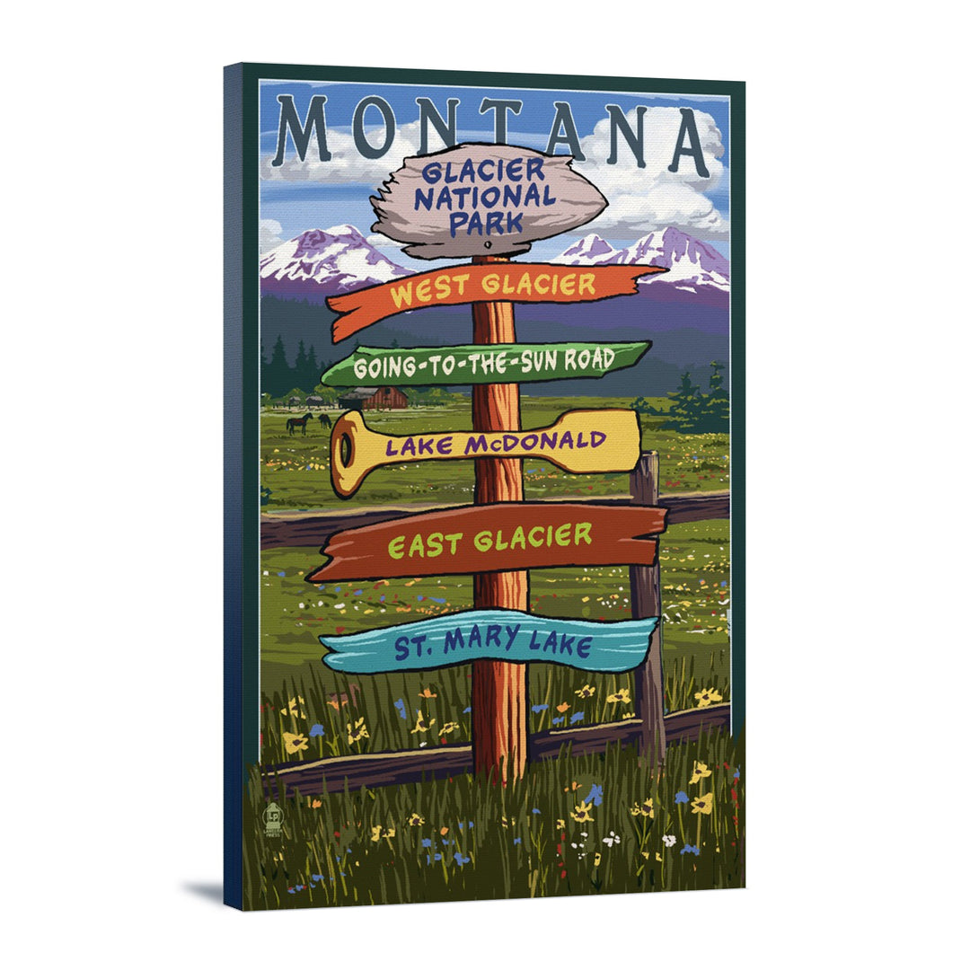 Glacier National Park, Montana, Destination Signpost, Lantern Press Artwork, Stretched Canvas Canvas Lantern Press 12x18 Stretched Canvas 