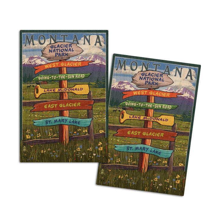 Glacier National Park, Montana, Destination Signpost, Lantern Press Artwork, Wood Signs and Postcards Wood Lantern Press 4x6 Wood Postcard Set 