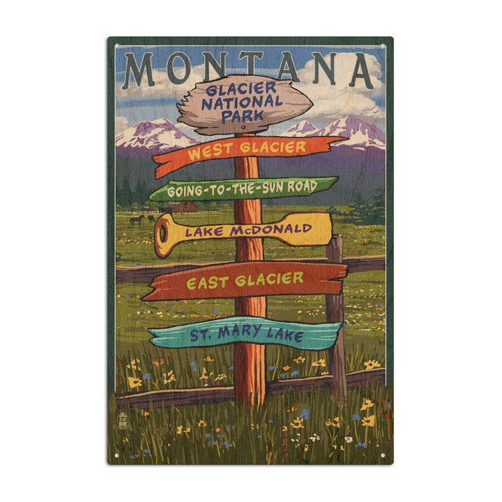 Glacier National Park, Montana, Destination Signpost, Lantern Press Artwork, Wood Signs and Postcards Wood Lantern Press 6x9 Wood Sign 