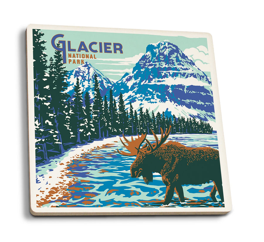 Glacier National Park, Montana, Explorer Series, Moose, Lantern Press Artwork, Coaster Set Coasters Lantern Press 
