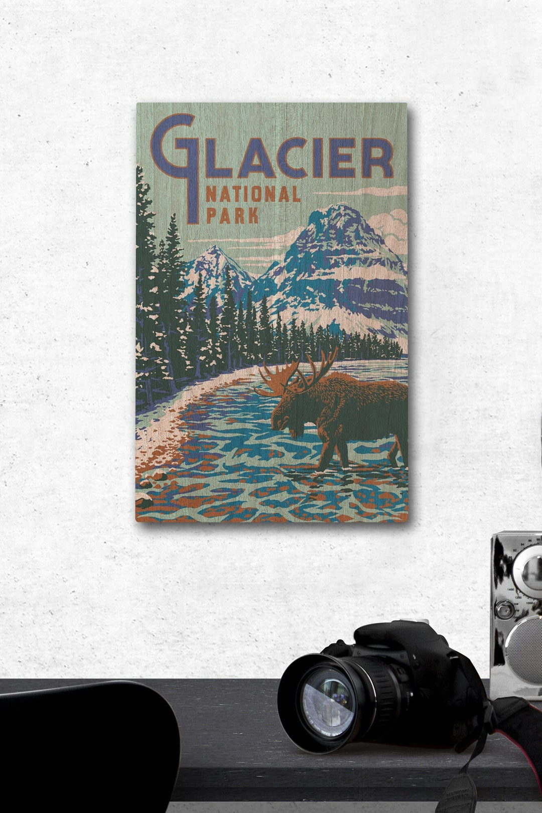 Glacier National Park, Montana, Explorer Series, Moose, Lantern Press Artwork, Wood Signs and Postcards Wood Lantern Press 12 x 18 Wood Gallery Print 