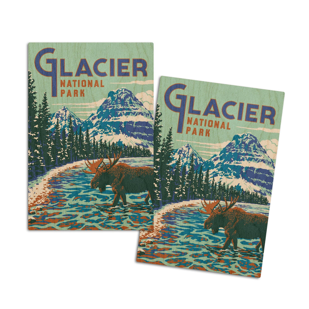 Glacier National Park, Montana, Explorer Series, Moose, Lantern Press Artwork, Wood Signs and Postcards Wood Lantern Press 4x6 Wood Postcard Set 