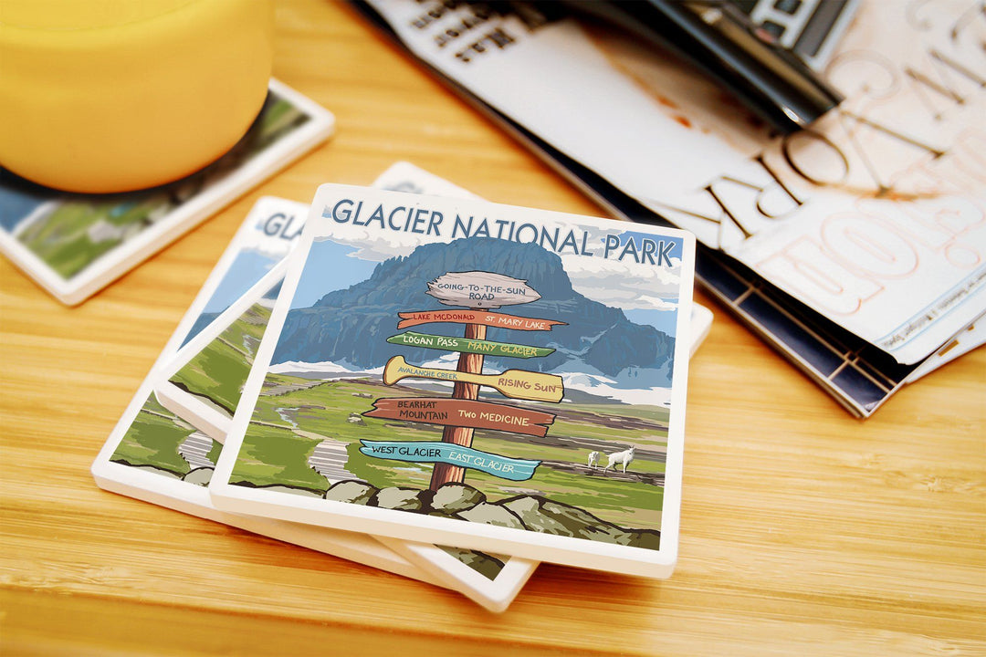 Glacier National Park, Montana, Going-To-The-Sun Road Mountain Signpost, Lantern Press Artwork, Coaster Set Coasters Lantern Press 