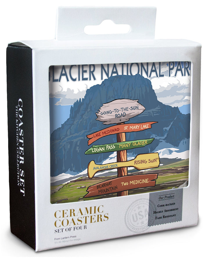 Glacier National Park, Montana, Going-To-The-Sun Road Mountain Signpost, Lantern Press Artwork, Coaster Set Coasters Lantern Press 
