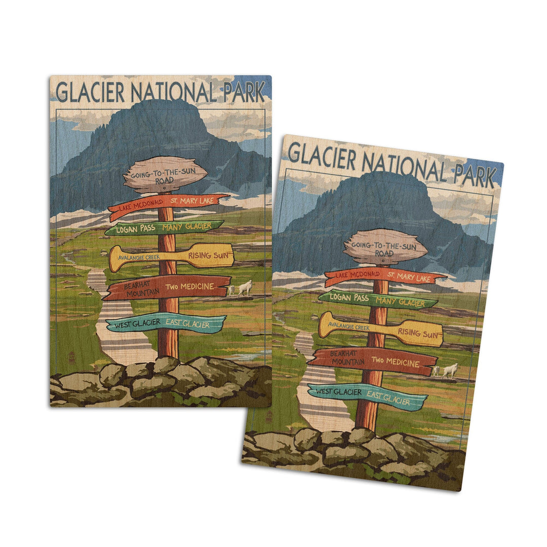 Glacier National Park, Montana, Going-To-The-Sun Road Mountain Signpost, Lantern Press Artwork, Wood Signs and Postcards Wood Lantern Press 4x6 Wood Postcard Set 