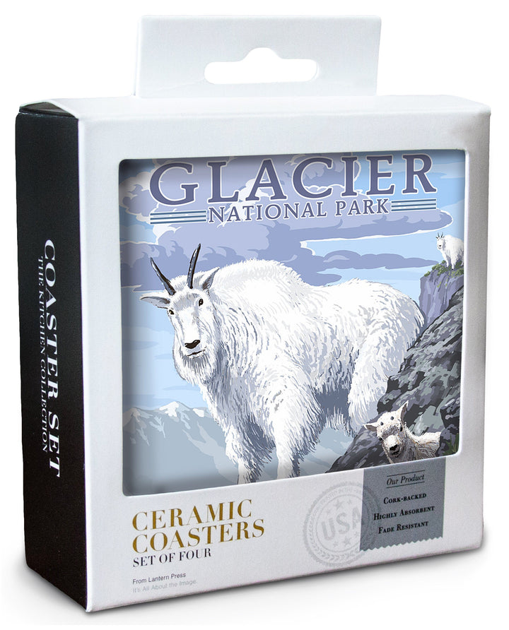 Glacier National Park, Montana, Mountain Goat & Kid, Lantern Press Artwork, Coaster Set Coasters Lantern Press 