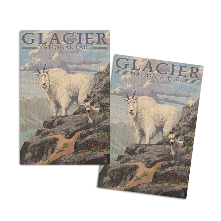 Glacier National Park, Montana, Mountain Goat & Kid, Lantern Press Artwork, Wood Signs and Postcards Wood Lantern Press 4x6 Wood Postcard Set 