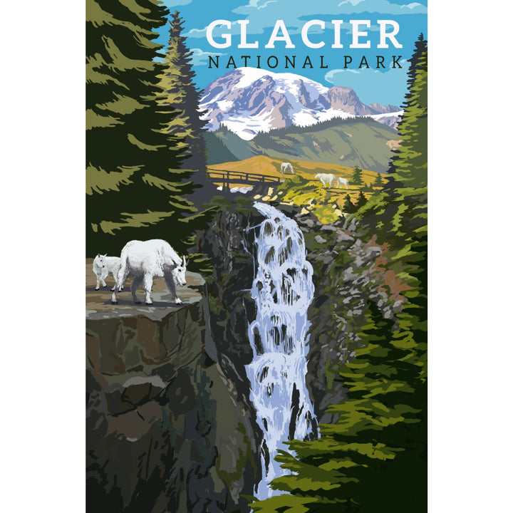 Glacier National Park, Montana, Mountain Goats & Waterfall, Lantern Press Artwork, Towels and Aprons Kitchen Lantern Press 