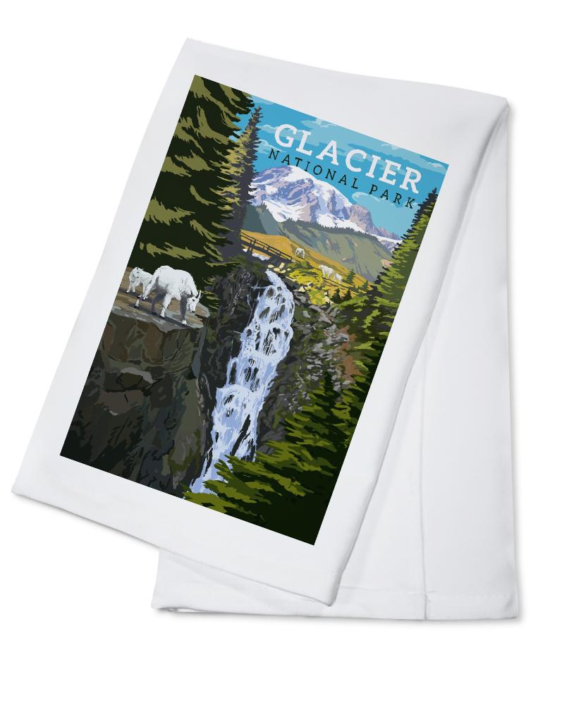 Glacier National Park, Montana, Mountain Goats & Waterfall, Lantern Press Artwork, Towels and Aprons Kitchen Lantern Press 