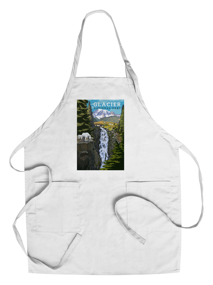 Glacier National Park, Montana, Mountain Goats & Waterfall, Lantern Press Artwork, Towels and Aprons Kitchen Lantern Press Chef's Apron 