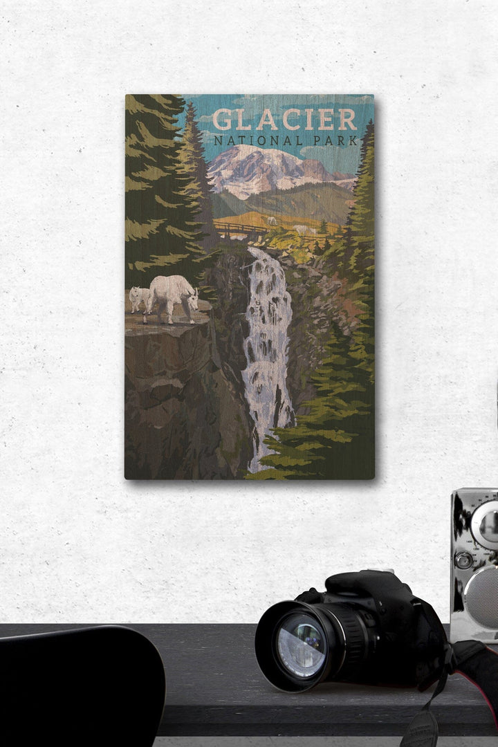 Glacier National Park, Montana, Mountain Goats & Waterfall, Lantern Press Artwork, Wood Signs and Postcards Wood Lantern Press 12 x 18 Wood Gallery Print 