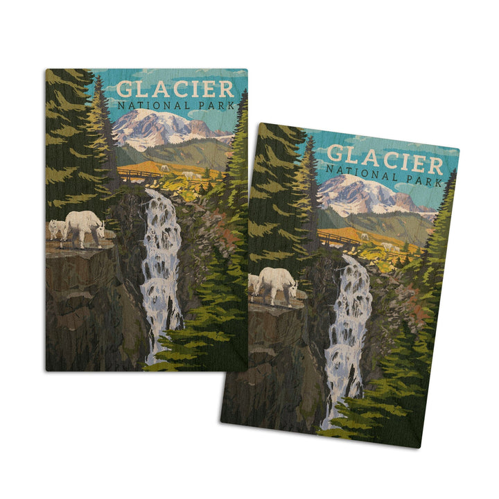 Glacier National Park, Montana, Mountain Goats & Waterfall, Lantern Press Artwork, Wood Signs and Postcards Wood Lantern Press 4x6 Wood Postcard Set 