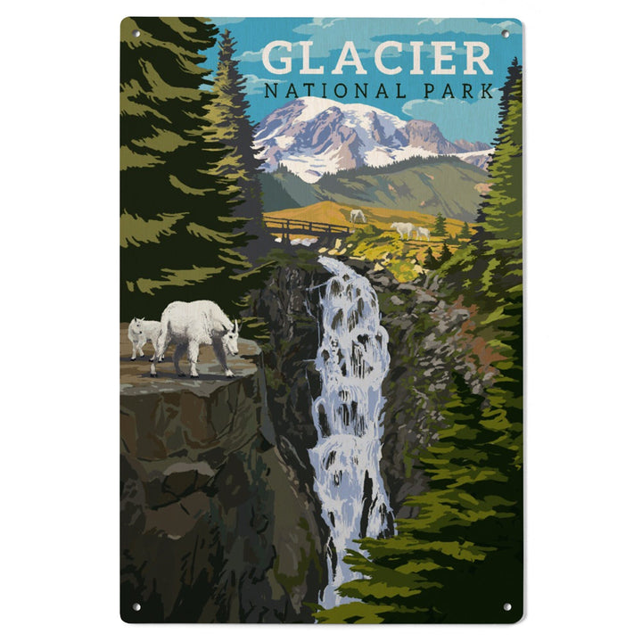 Glacier National Park, Montana, Mountain Goats & Waterfall, Lantern Press Artwork, Wood Signs and Postcards Wood Lantern Press 