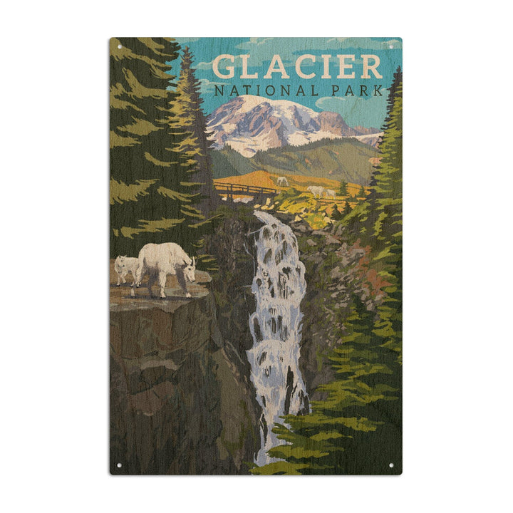 Glacier National Park, Montana, Mountain Goats & Waterfall, Lantern Press Artwork, Wood Signs and Postcards Wood Lantern Press 6x9 Wood Sign 