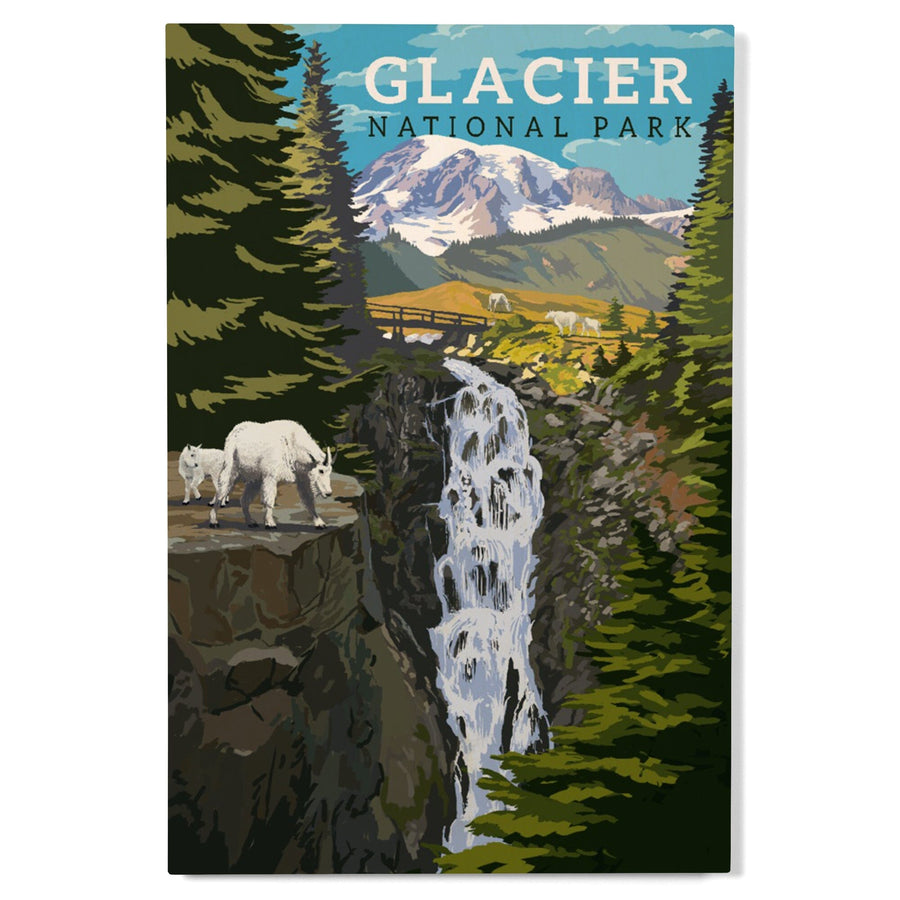 Glacier National Park, Montana, Mountain Goats & Waterfall, Lantern Press Artwork, Wood Signs and Postcards Wood Lantern Press 
