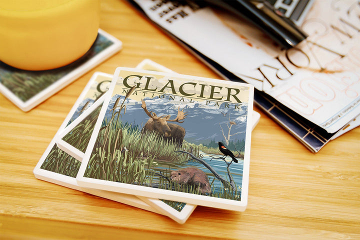 Glacier National Park, Montana, Mountain & Marsh Scene, Lantern Press Artwork, Coaster Set Coasters Lantern Press 