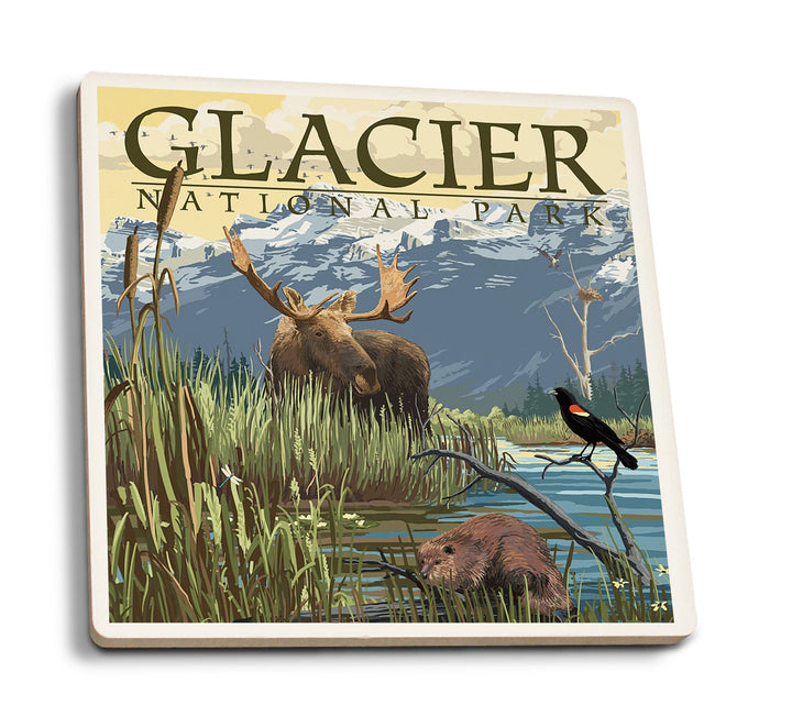 Glacier National Park, Montana, Mountain & Marsh Scene, Lantern Press Artwork, Coaster Set Coasters Lantern Press 