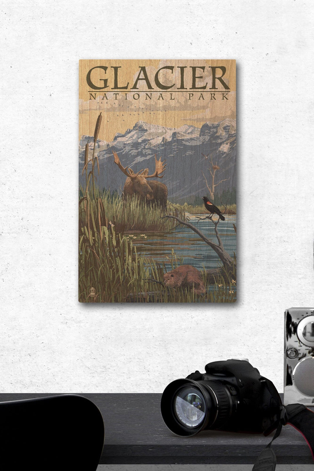 Glacier National Park, Montana, Mountain & Marsh Scene, Lantern Press Artwork, Wood Signs and Postcards Wood Lantern Press 12 x 18 Wood Gallery Print 