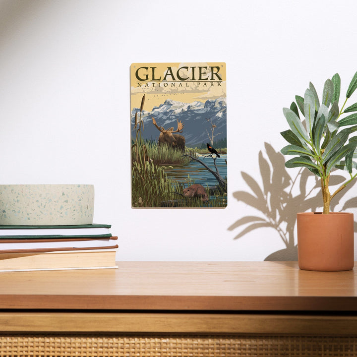 Glacier National Park, Montana, Mountain & Marsh Scene, Lantern Press Artwork, Wood Signs and Postcards Wood Lantern Press 