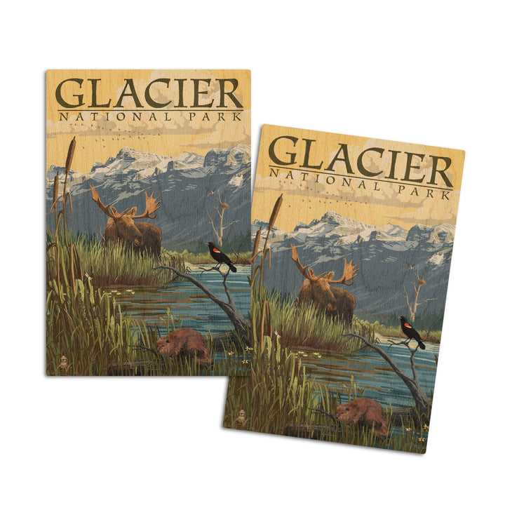 Glacier National Park, Montana, Mountain & Marsh Scene, Lantern Press Artwork, Wood Signs and Postcards Wood Lantern Press 4x6 Wood Postcard Set 