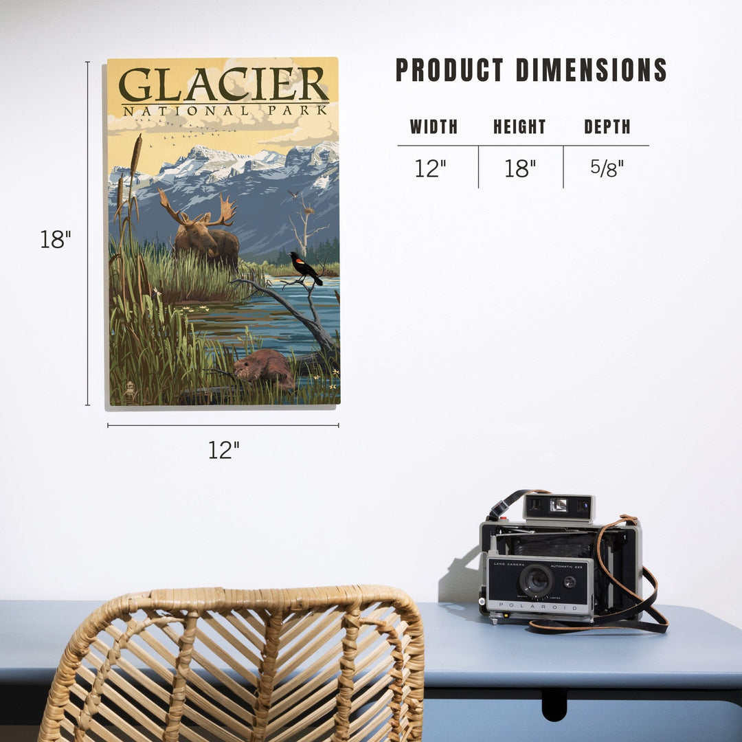 Glacier National Park, Montana, Mountain & Marsh Scene, Lantern Press Artwork, Wood Signs and Postcards Wood Lantern Press 