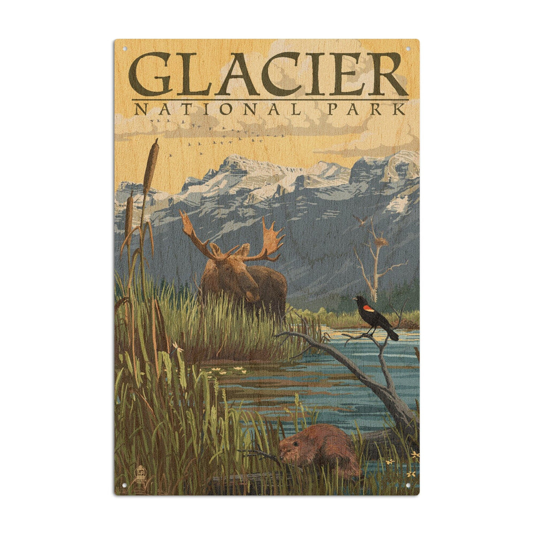 Glacier National Park, Montana, Mountain & Marsh Scene, Lantern Press Artwork, Wood Signs and Postcards Wood Lantern Press 6x9 Wood Sign 