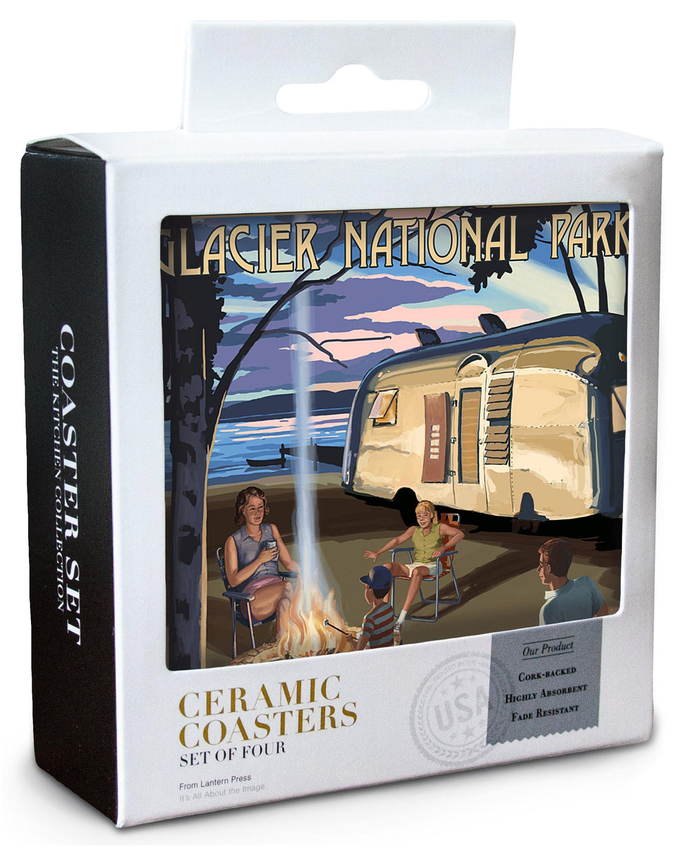 Glacier National Park, Montana, Retro Camper & Lake, Lantern Press Artwork, Coaster Set Coasters Lantern Press 