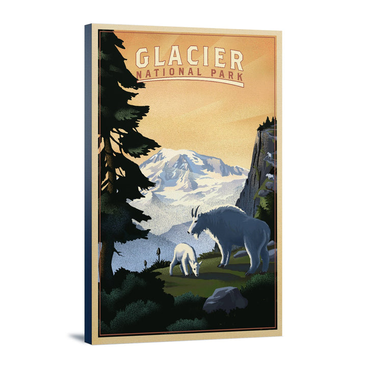 Glacier National Park, Mountain Goats & Mountain, Lantern Press Artwork, Stretched Canvas Canvas Lantern Press 12x18 Stretched Canvas 