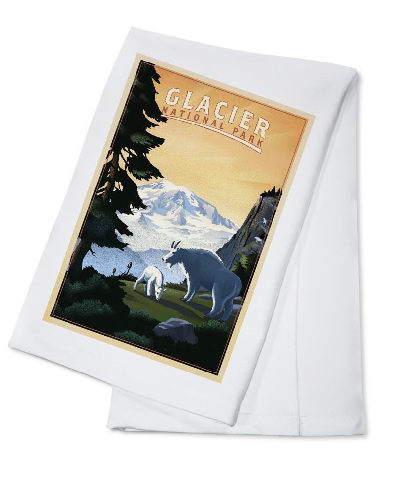 Glacier National Park, Mountain Goats & Mountain, Lantern Press Artwork, Towels and Aprons Kitchen Lantern Press 