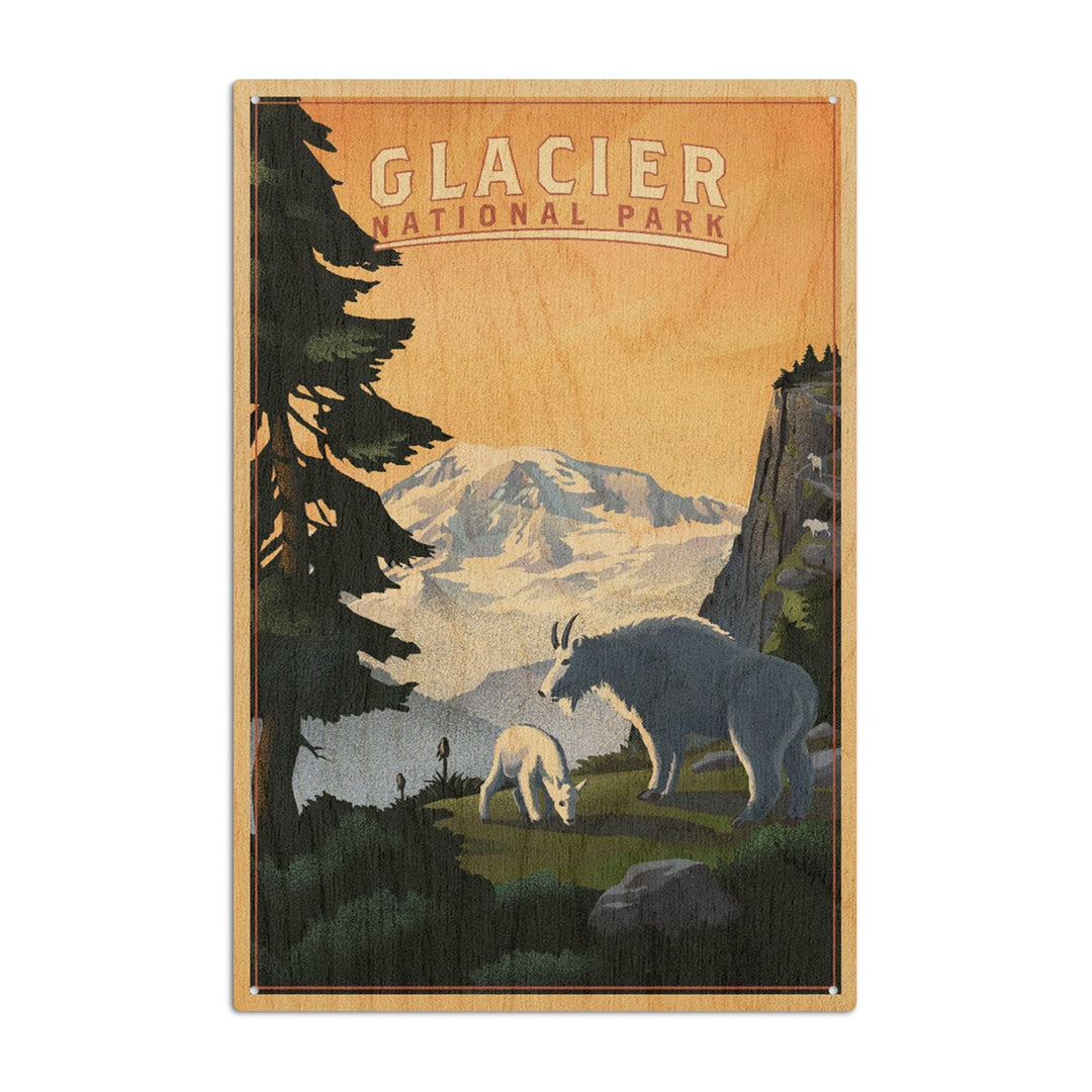 Glacier National Park, Mountain Goats & Mountain, Lantern Press Artwork, Wood Signs and Postcards Wood Lantern Press 10 x 15 Wood Sign 