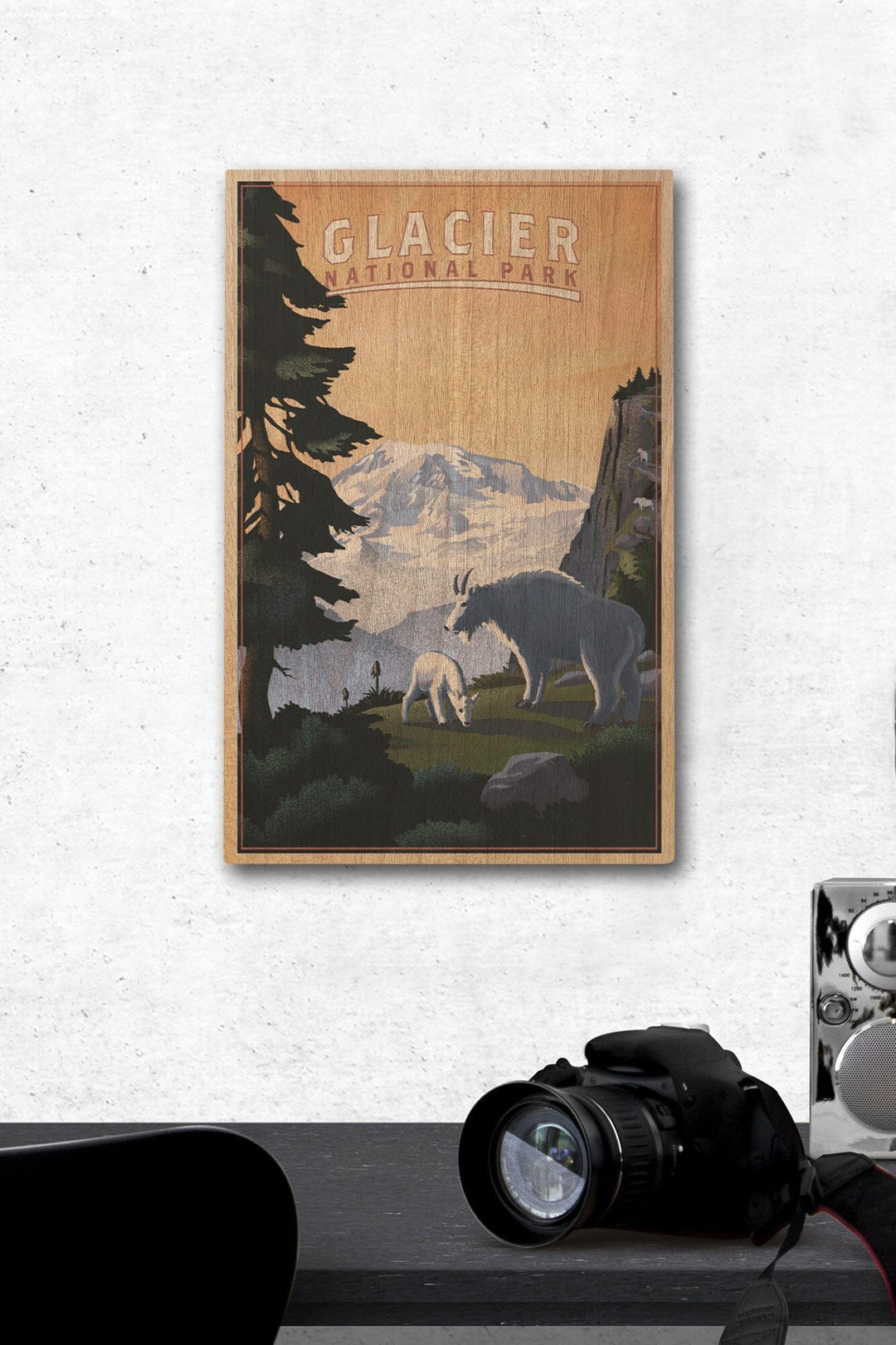 Glacier National Park, Mountain Goats & Mountain, Lantern Press Artwork, Wood Signs and Postcards Wood Lantern Press 12 x 18 Wood Gallery Print 