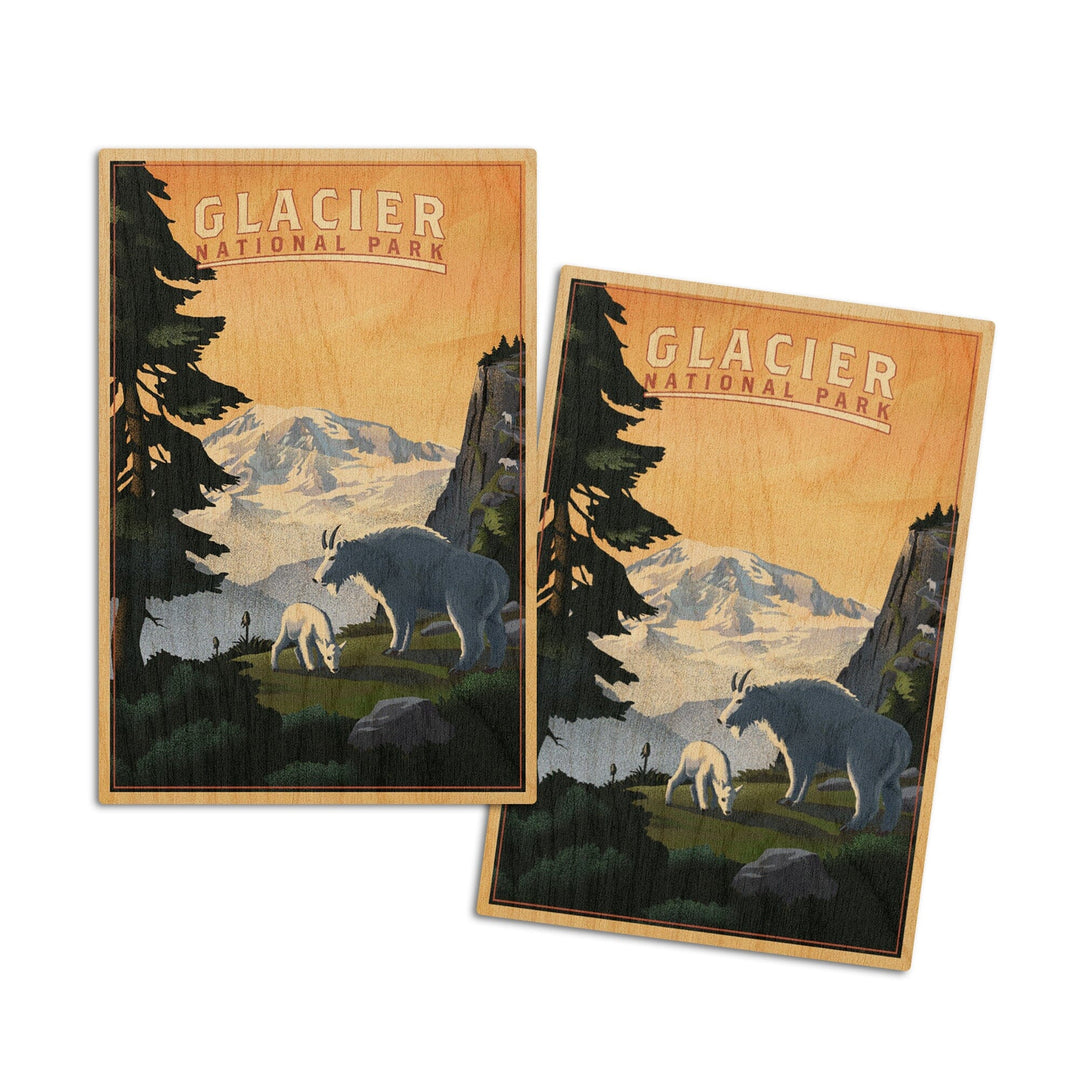Glacier National Park, Mountain Goats & Mountain, Lantern Press Artwork, Wood Signs and Postcards Wood Lantern Press 4x6 Wood Postcard Set 