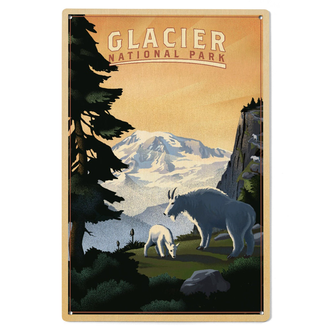 Glacier National Park, Mountain Goats & Mountain, Lantern Press Artwork, Wood Signs and Postcards Wood Lantern Press 