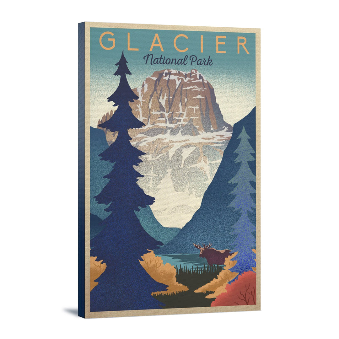 Glacier National Park, Mountain Scene, Lithograph, Lantern Press Artwork, Stretched Canvas Canvas Lantern Press 12x18 Stretched Canvas 