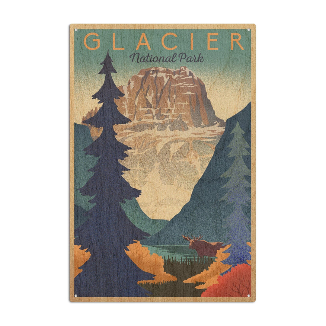 Glacier National Park, Mountain Scene, Lithograph, Lantern Press Artwork, Wood Signs and Postcards Wood Lantern Press 6x9 Wood Sign 