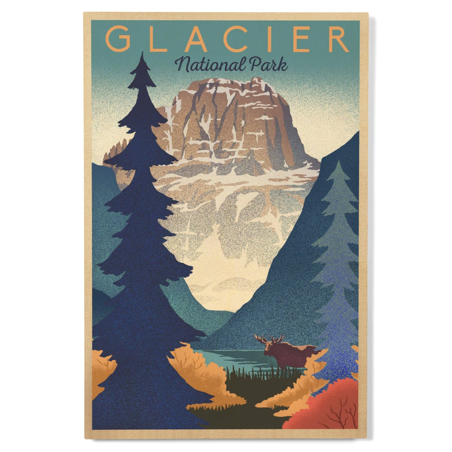 Glacier National Park, Mountain Scene, Lithograph, Lantern Press Artwork, Wood Signs and Postcards Wood Lantern Press 