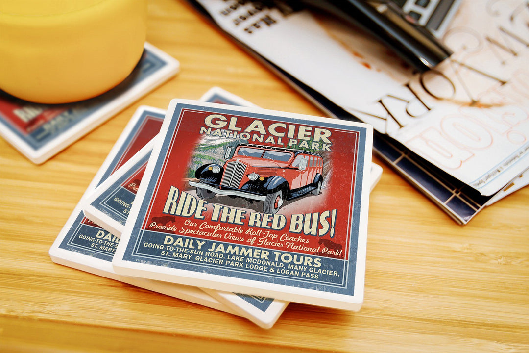 Glacier National Park, Red Jammer Vintage Sign, Lantern Press Artwork, Coaster Set Coasters Lantern Press 