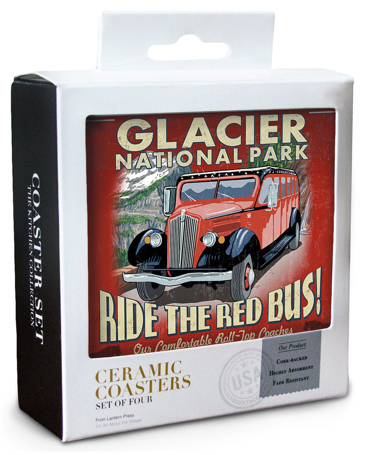 Glacier National Park, Red Jammer Vintage Sign, Lantern Press Artwork, Coaster Set Coasters Lantern Press 