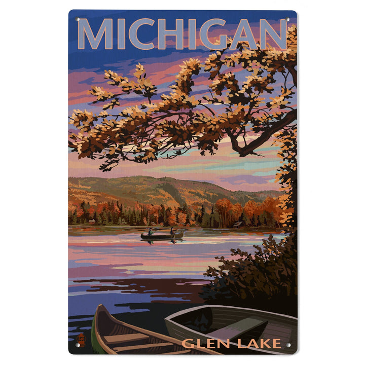 Glen Lake, Michigan, Lake Scene at Dusk, Lantern Press Artwork, Wood Signs and Postcards Wood Lantern Press 