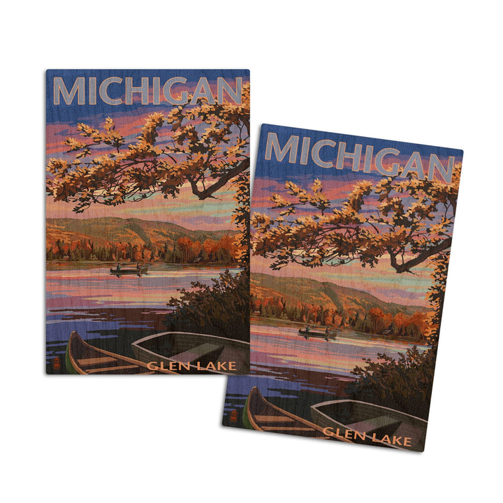 Glen Lake, Michigan, Lake Scene at Dusk, Lantern Press Artwork, Wood Signs and Postcards Wood Lantern Press 4x6 Wood Postcard Set 